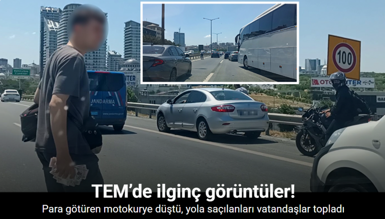 TEM’de para götüren motokurye düştü, yola saçılanları vatandaşlar topladı