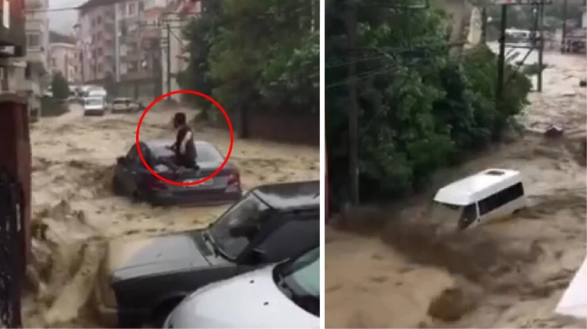 Yarım saatte göle dönene Devrek'te araçlar sular altında kaldı, sürücüler son anda kurtuldu