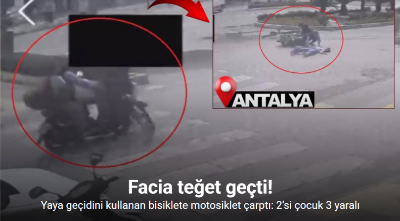 Yaya geçidini kullanan bisiklete motosiklet çarptı: 2’si çocuk 3 yaralı