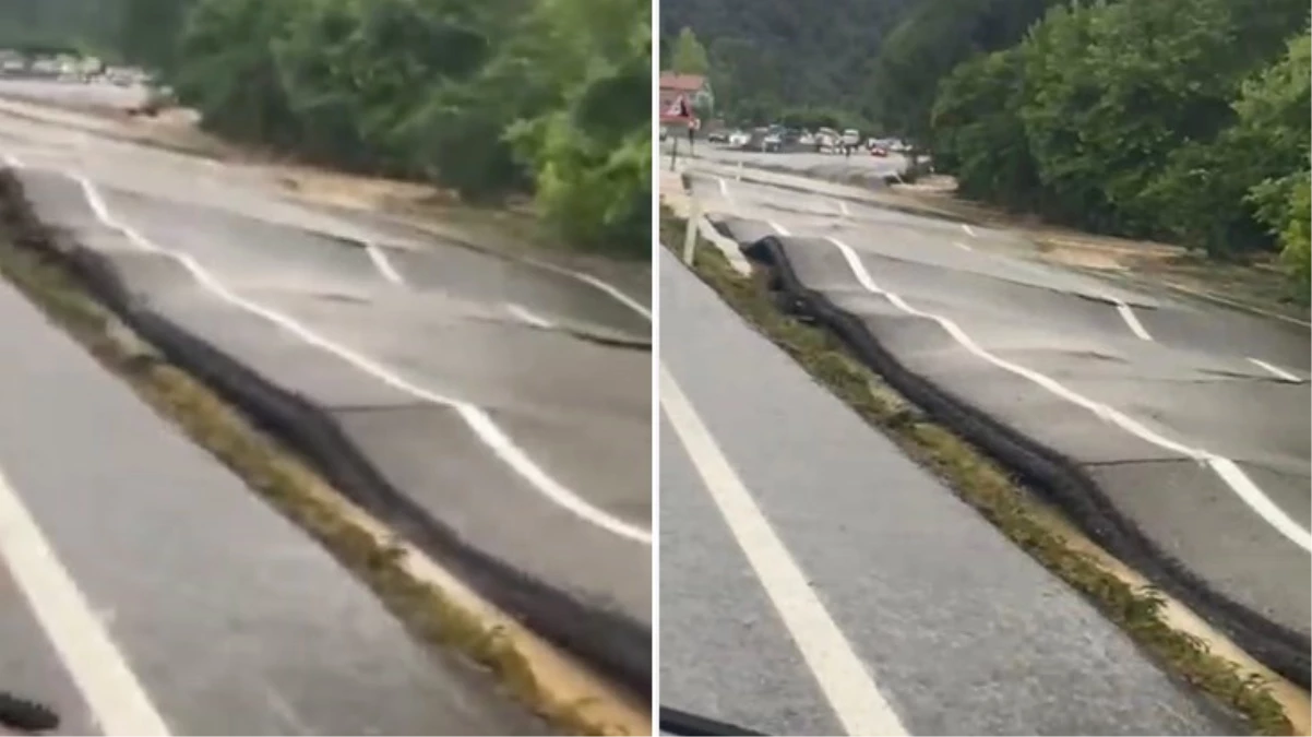Zonguldak'daki sel yolda deprem etkisi yarattı! Asfalt kıvrım kıvrım oldu